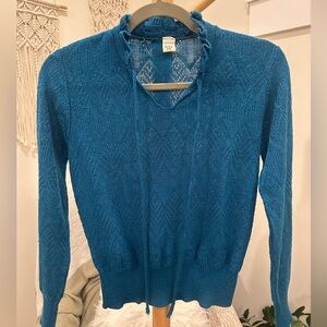 Teal Blue Knit Tie Neck Sweater | Lightweight Vintage Style | Small Fit